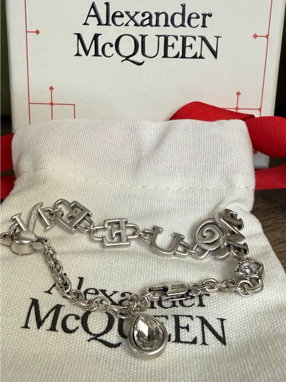 S Alexander McQueen Silver-Tone Link Bracelet Crystal Teardrop - Box & Dust Bag